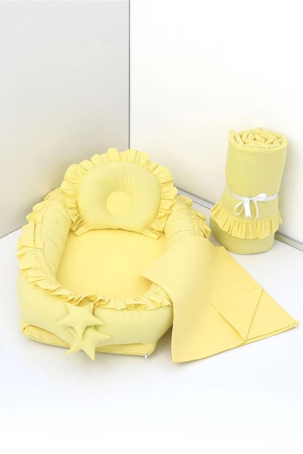 Umaybebek 4 Parça - Bebek Uyku Yatağı, Baş Yastık, Bebek Pikesi, Yorganı 0-2 Yaş - %100 Pamuk-Sarı Fırfırlı ürün görseli 1