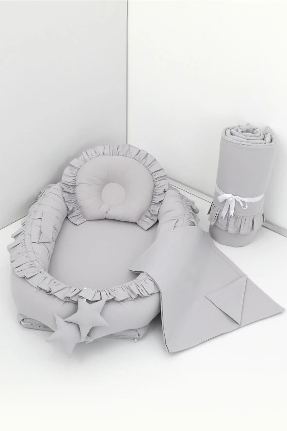 Umaybebek 4 Parça - Bebek Uyku Yatağı, Baş Yastık, Bebek Pikesi, Yorganı 0-2 Yaş - %100 Pamuk-Gri Fırfırlı ürün görseli 1