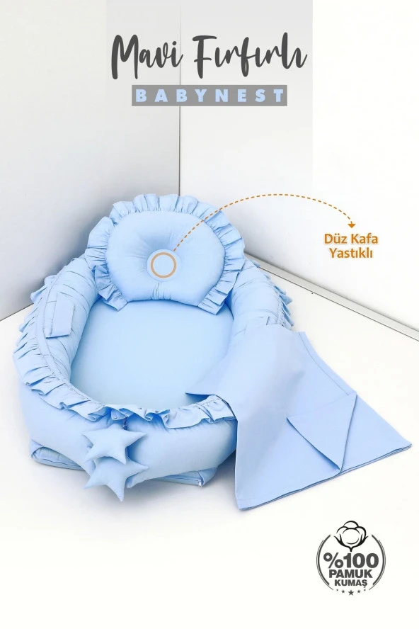 Umaybebek 3 Parça - Bebek Uyku Yatağı, Baş Yastık, Bebek Pikesi 0-2 Yaş - %100 Pamuk-Mavi Fırfırlı - Resim 2