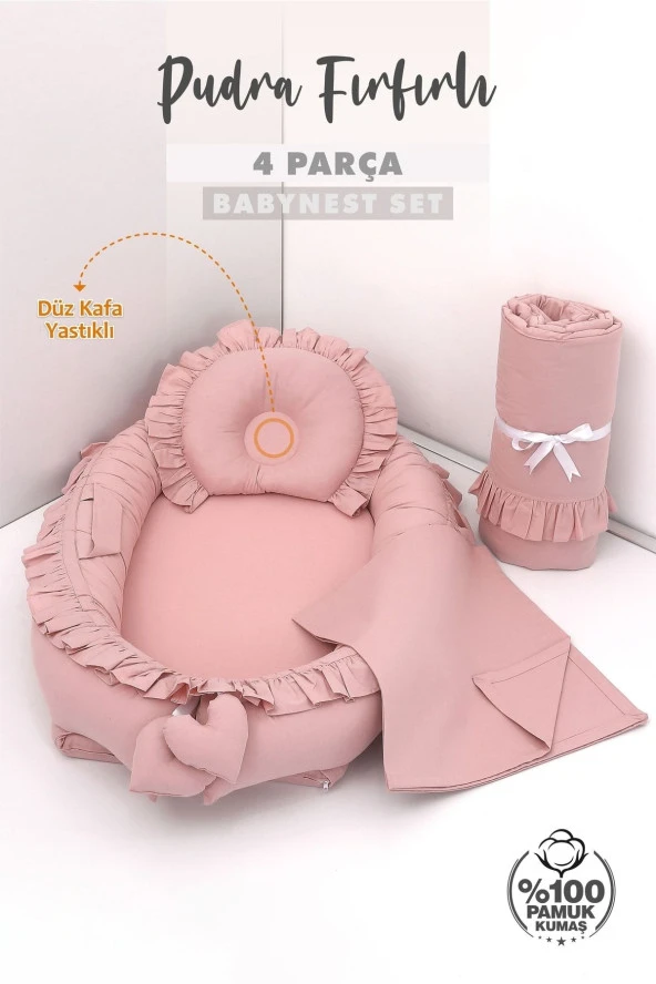 Umaybebek 4 Parça - Bebek Uyku Yatağı, Baş Yastık, Bebek Pikesi, Yorganı 0-2 Yaş - %100 Pamuk-Pudra Fırfırlı - 2