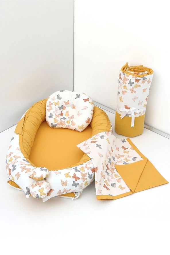 Umaybebek 4 Parça - Bebek Uyku Yatağı, Baş Yastık, Bebek Pikesi, Yorganı 0-2 Yaş - %100 Pamuk-Hardal Kelebek ürün görseli 1