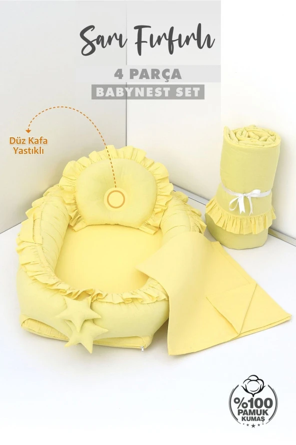 Umaybebek 4 Parça - Bebek Uyku Yatağı, Baş Yastık, Bebek Pikesi, Yorganı 0-2 Yaş - %100 Pamuk-Sarı Fırfırlı - Resim 2