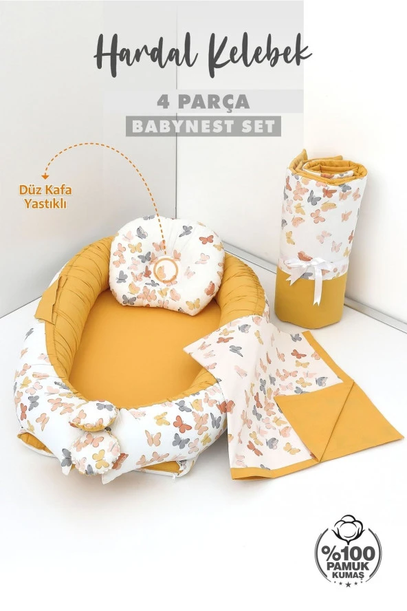 Umaybebek 4 Parça - Bebek Uyku Yatağı, Baş Yastık, Bebek Pikesi, Yorganı 0-2 Yaş - %100 Pamuk-Hardal Kelebek - Resim 2