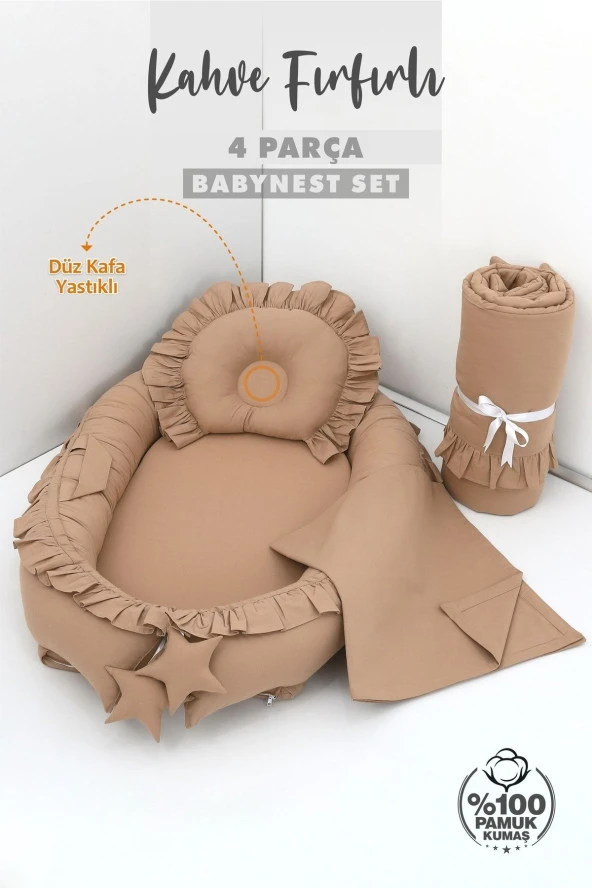 Umaybebek 4 Parça - Bebek Uyku Yatağı, Baş Yastık, Bebek Pikesi, Yorganı 0-2 Yaş - %100 Pamuk-Kahve Fırfırlı - Resim 2