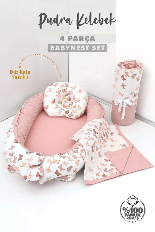 Umaybebek 4 Parça - Bebek Uyku Yatağı, Baş Yastık, Bebek Pikesi, Yorganı 0-2 Yaş - %100 Pamuk-Pudra Kelebek - Resim 2