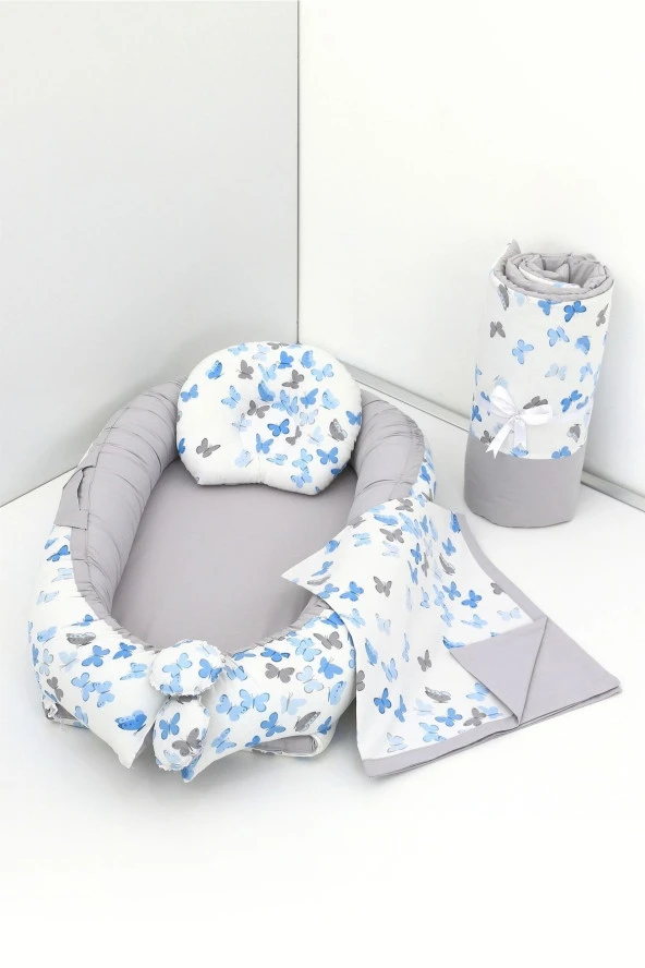 Umaybebek 4 Parça - Bebek Uyku Yatağı, Baş Yastık, Bebek Pikesi, Yorganı 0-2 Yaş - %100 Pamuk-Mavi Kelebek
