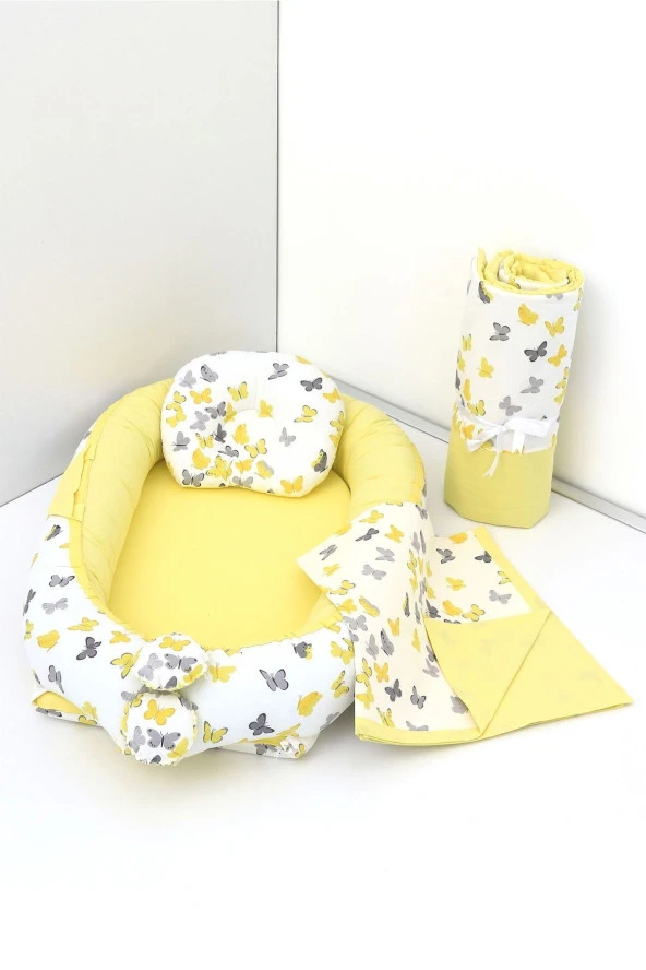 Umaybebek 4 Parça - Bebek Uyku Yatağı, Baş Yastık, Bebek Pikesi, Yorganı 0-2 Yaş - %100 Pamuk-Sarı Kelebek ürün görseli 1