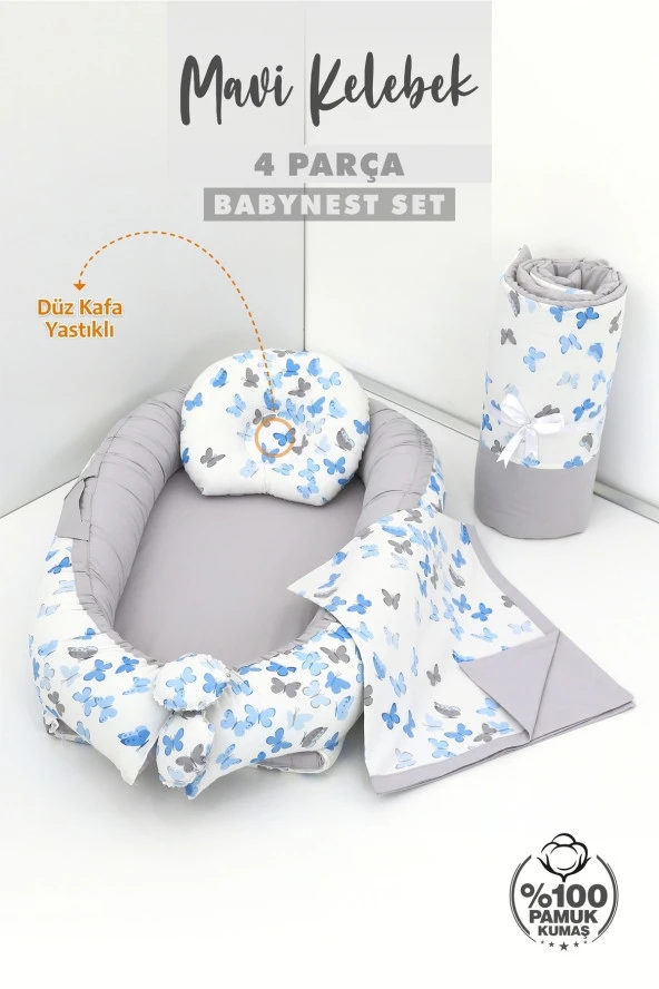 Umaybebek 4 Parça - Bebek Uyku Yatağı, Baş Yastık, Bebek Pikesi, Yorganı 0-2 Yaş - %100 Pamuk-Mavi Kelebek - 2