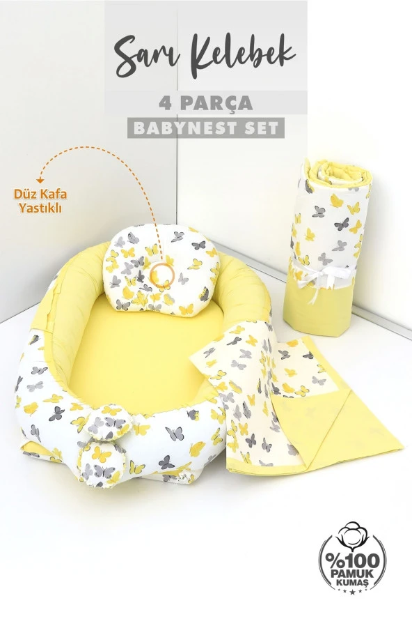 Umaybebek 4 Parça - Bebek Uyku Yatağı, Baş Yastık, Bebek Pikesi, Yorganı 0-2 Yaş - %100 Pamuk-Sarı Kelebek - Resim 2