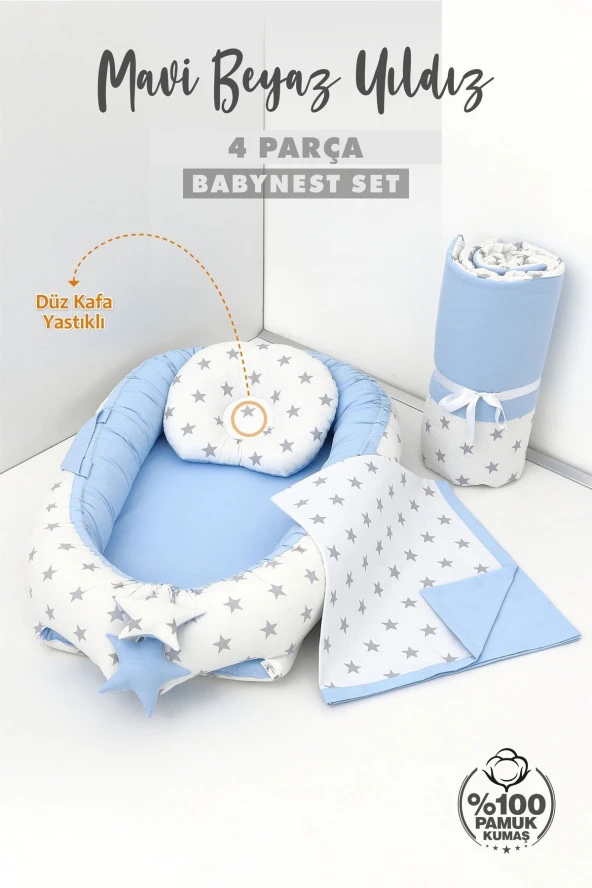Umaybebek 4 Parça - Bebek Uyku Yatağı, Baş Yastık, Bebek Pikesi, Yorganı 0-2 Yaş - %100 Pamuk-Mavi/Beyaz Yıldız - 2
