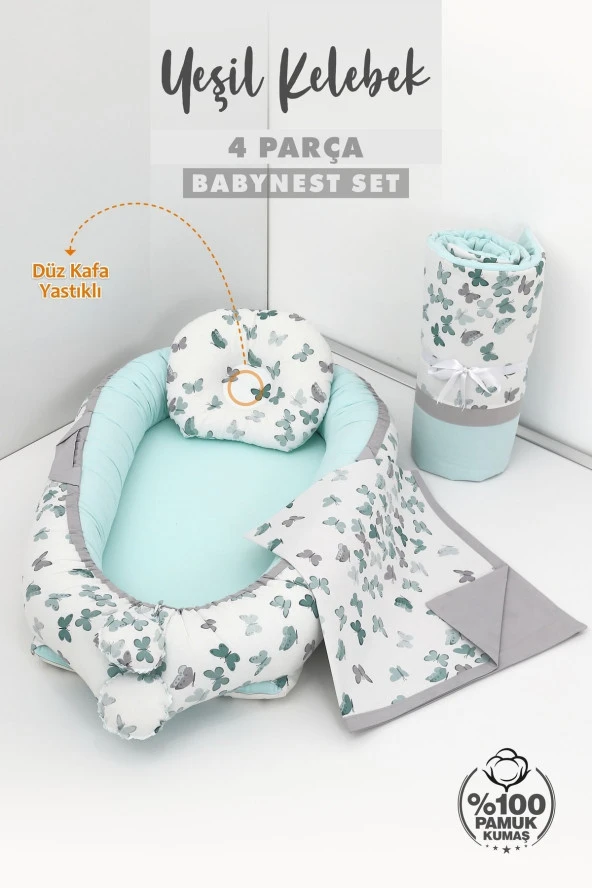 Umaybebek 4 Parça Bebek Uyku Yatağı Baş Yastık Bebek Pikesi Yorganı 0-2 Yaş - %100 Pamuk-Yeşil Kelebek - 2