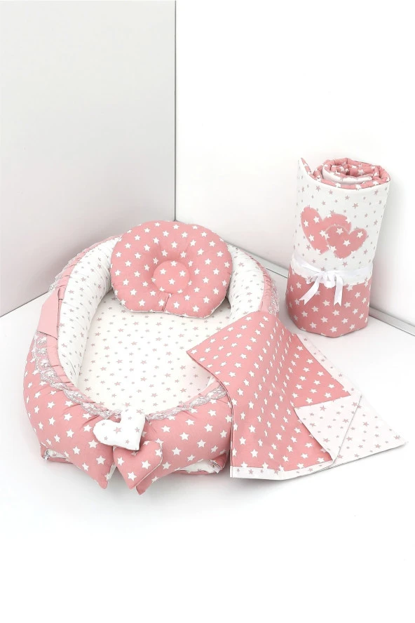 Umaybebek 4 Parça - Bebek Uyku Yatağı, Baş Yastık, Bebek Pikesi, Yorganı 0-2 Yaş - %100 Pamuk-Pudra Yıldız ürün görseli 1