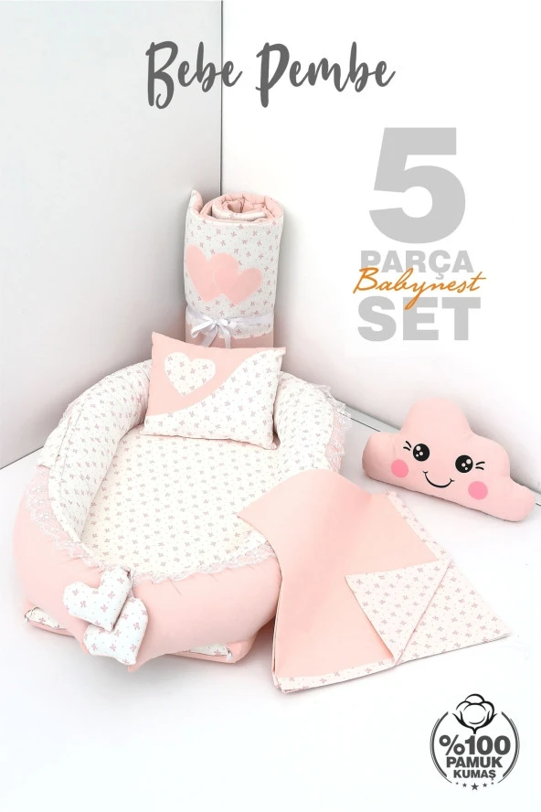 Umaybebek 5 Parça - Bebek Uyku Yatağı, Baş Yastık, Bebek Pikesi, Yorganı, Dekoratif Bulut Yastık-Bebe Pembe - 2