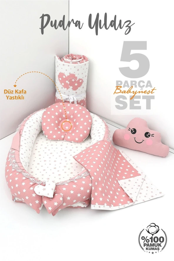 Umaybebek 5 Parça - Bebek Uyku Yatağı, Baş Yastık, Bebek Pikesi, Yorganı, Dekoratif Bulut Yastık-Pudra Yıldız - 2