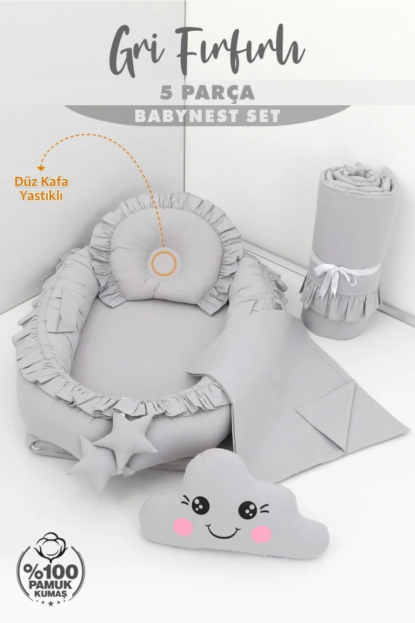 Umaybebek 5 Parça - Bebek Uyku Yatağı, Baş Yastık, Bebek Pikesi, Yorganı, Dekoratif Bulut Yastık-Gri Fırfırlı - 2
