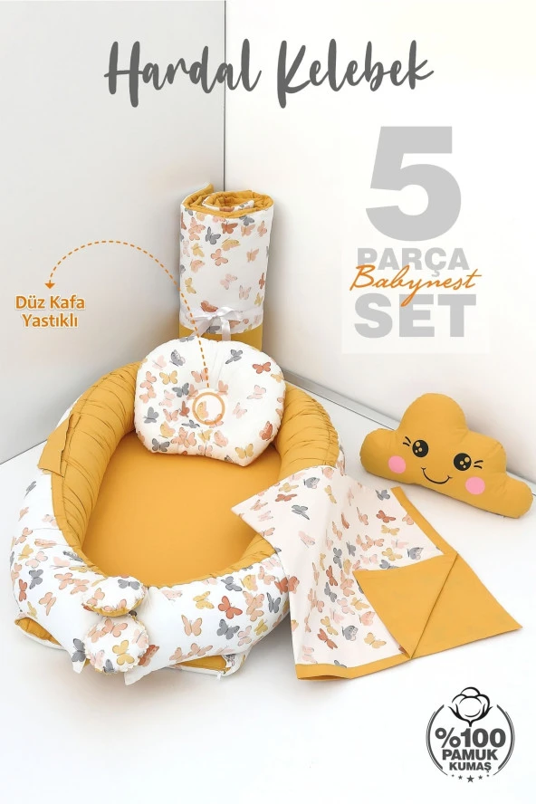 Umaybebek 5 Parça - Bebek Uyku Yatağı, Baş Yastık, Bebek Pikesi, Yorganı, Dekoratif Bulut Yastık-Hardal Kelebek - 2