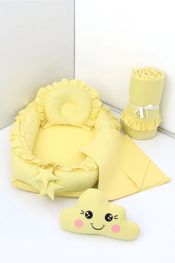 Umaybebek 5 Parça - Bebek Uyku Yatağı, Baş Yastık, Bebek Pikesi, Yorganı, Dekoratif Bulut Yastık-Sarı Fırfırlı ürün görseli 1
