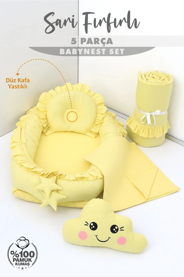 Umaybebek 5 Parça - Bebek Uyku Yatağı, Baş Yastık, Bebek Pikesi, Yorganı, Dekoratif Bulut Yastık-Sarı Fırfırlı - 2