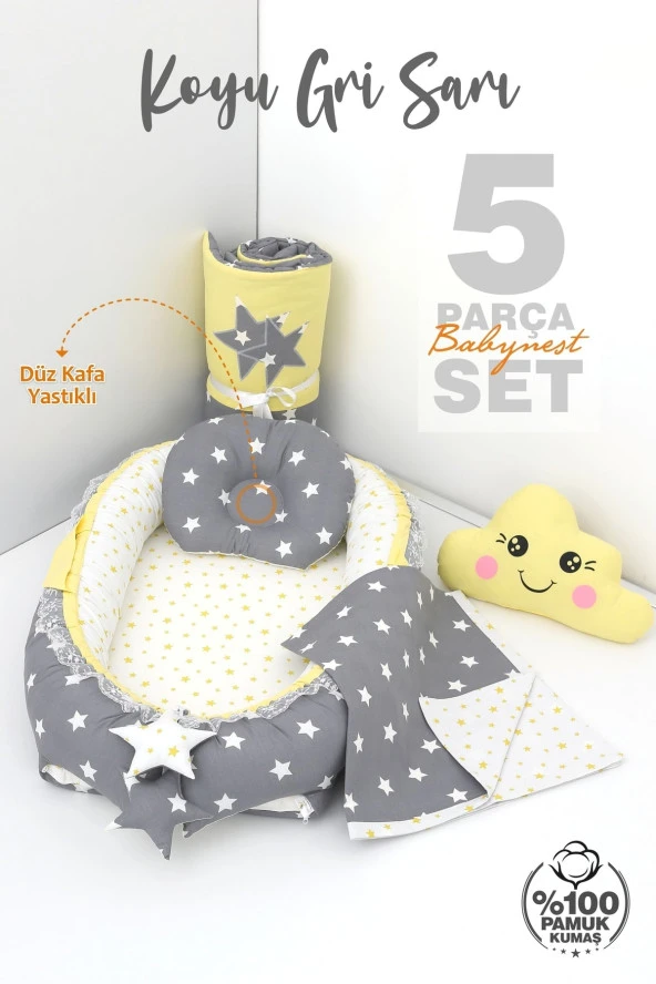 Umaybebek 5 Parça - Bebek Uyku Yatağı, Baş Yastık, Bebek Pikesi, Yorganı, Dekoratif Bulut Yastık-Koyu Gri/Sarı - 2