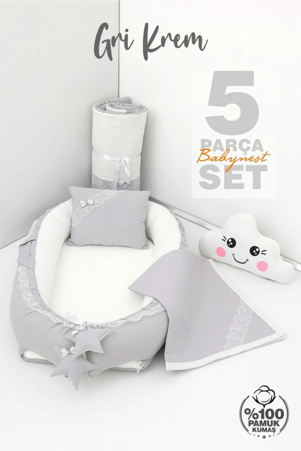Umaybebek 5 Parça - Bebek Uyku Yatağı, Baş Yastık, Bebek Pikesi, Yorganı, Dekoratif Bulut Yastık-Gri/Krem - 2