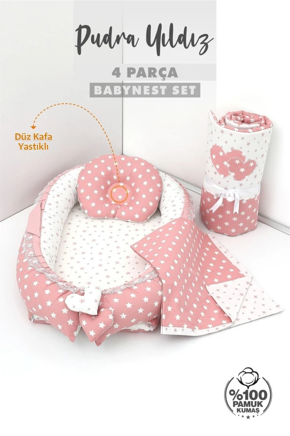 Umaybebek 4 Parça - Bebek Uyku Yatağı, Baş Yastık, Bebek Pikesi, Yorganı 0-2 Yaş - %100 Pamuk-Pudra Yıldız - Resim 2