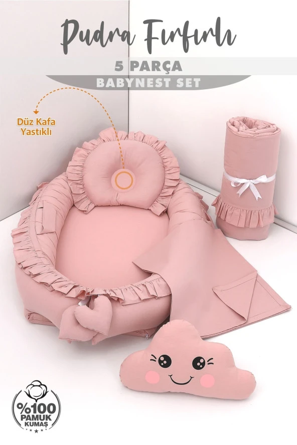Umaybebek 5 Parça - Bebek Uyku Yatağı, Baş Yastık, Bebek Pikesi, Yorganı, Dekoratif Bulut Yastık-Pudra Fırfırlı - 2