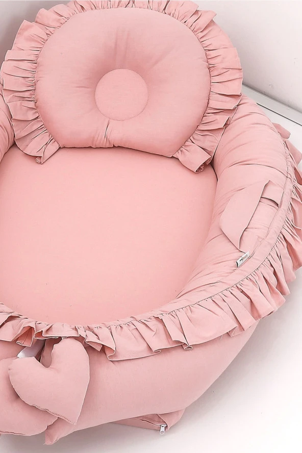Umaybebek 5 Parça - Bebek Uyku Yatağı, Baş Yastık, Bebek Pikesi, Yorganı, Dekoratif Bulut Yastık-Pudra Fırfırlı - 3