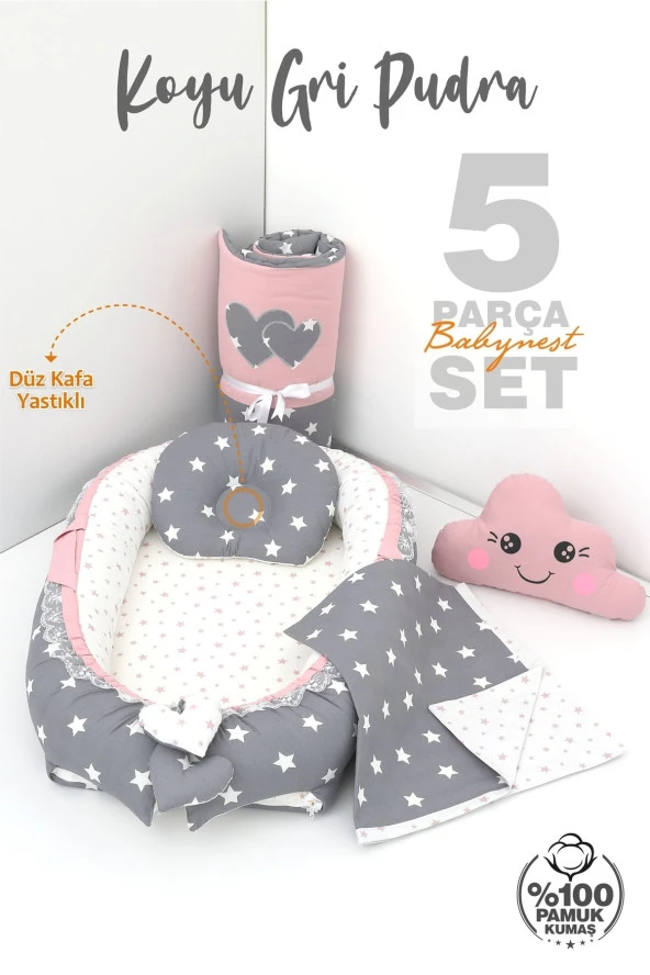 Umaybebek 5 Parça - Bebek Uyku Yatağı, Baş Yastık, Bebek Pikesi, Yorganı, Dekoratif Bulut Yastık-Koyu Gri/Pudra - 2