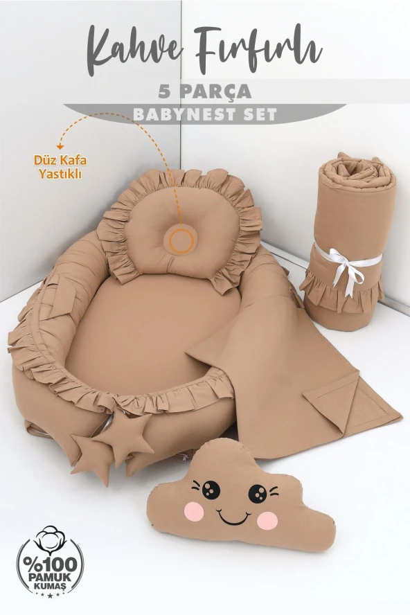 Umaybebek 5 Parça - Bebek Uyku Yatağı, Baş Yastık, Bebek Pikesi, Yorganı, Dekoratif Bulut Yastık-Kahve Fırfırlı - 2