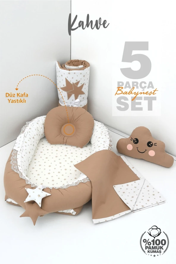 Umaybebek 5 Parça - Bebek Uyku Yatağı, Baş Yastık, Bebek Pikesi, Yorganı, Dekoratif Bulut Yastık-Kahve - 2