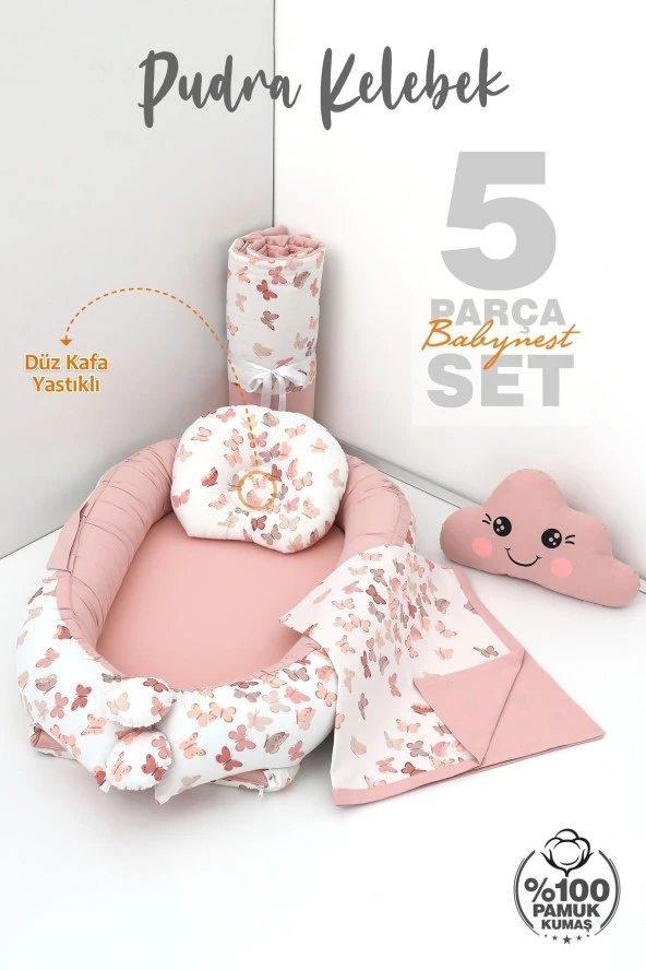 Umaybebek 5 Parça - Bebek Uyku Yatağı, Baş Yastık, Bebek Pikesi, Yorganı, Dekoratif Bulut Yastık-Pudra Kelebek - 2