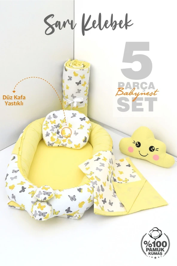 Umaybebek 5 Parça - Bebek Uyku Yatağı, Baş Yastık, Bebek Pikesi, Yorganı, Dekoratif Bulut Yastık-Sarı Kelebek - 2