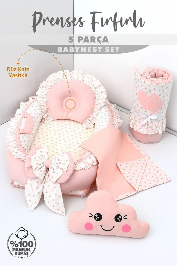 Umaybebek 5 Parça - Bebek Uyku Yatağı, Baş Yastık, Bebek Pikesi, Yorganı, Dekoratif Bulut Yastık-prenses fırfırlı - 2