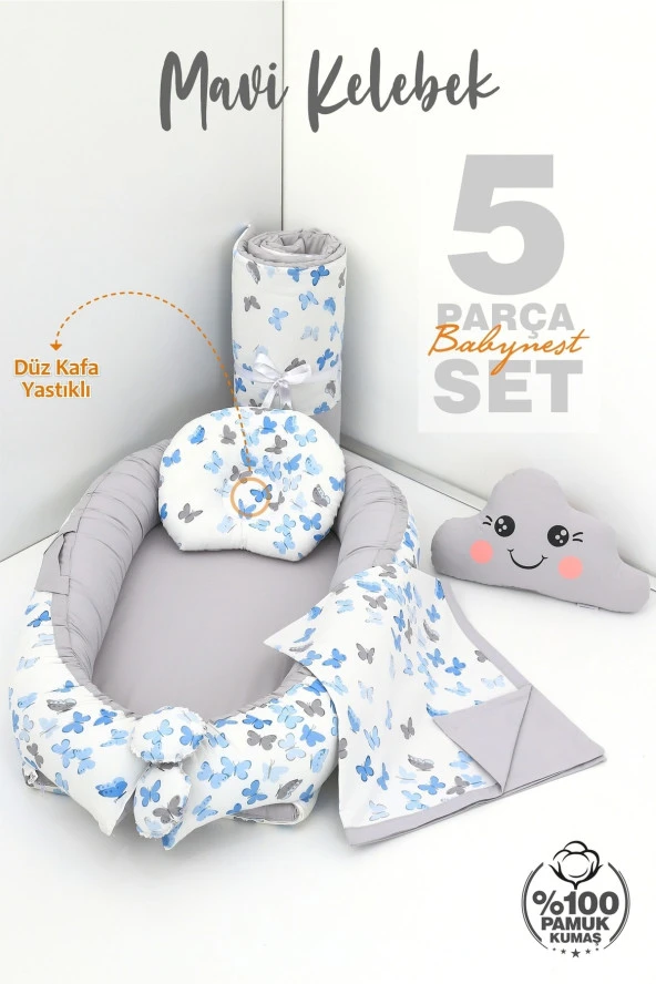 Umaybebek 5 Parça - Bebek Uyku Yatağı, Baş Yastık, Bebek Pikesi, Yorganı, Dekoratif Bulut Yastık-Mavi Kelebek - 2