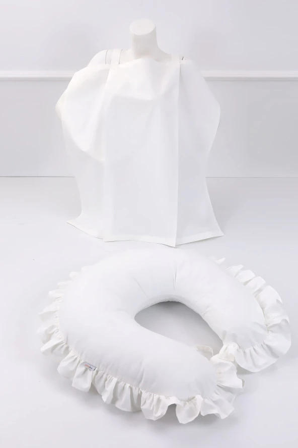 Umaybebek Emzirme Yastığı, Emzirme Önlüğü Set - Pamuklu Kumaş - Krem Fırfırlı-