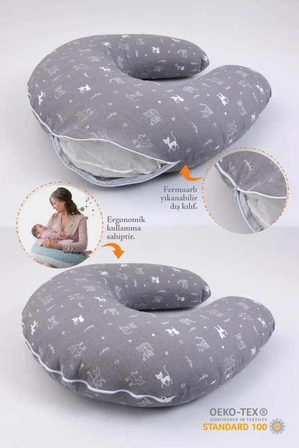 Umaybebek Çift Taraflı Emzirme Yastığı Bebek Destek Minderi Pamuk Kumaş - Gri Kedi- - 2