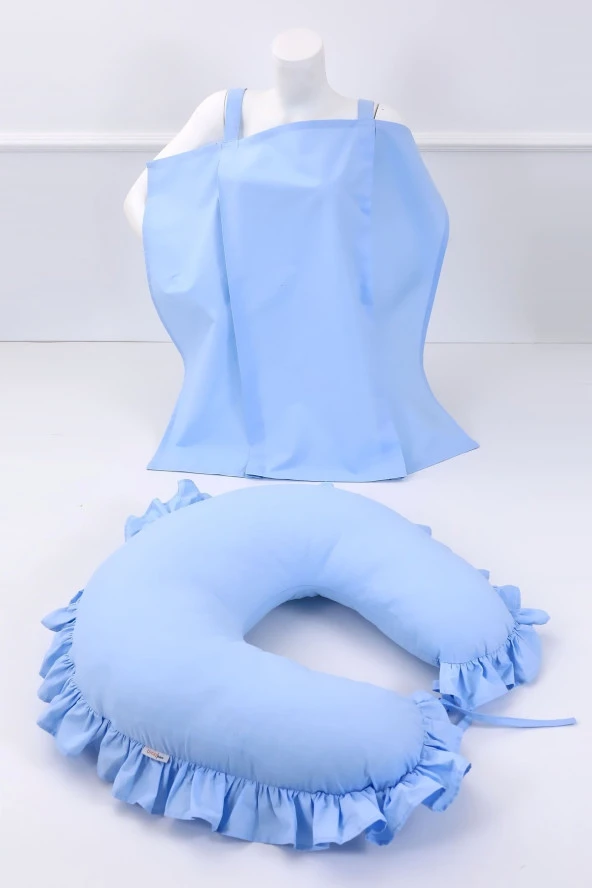 Umaybebek Emzirme Yastığı, Emzirme Önlüğü Set - Pamuklu Kumaş - Mavi Fırfırlı-