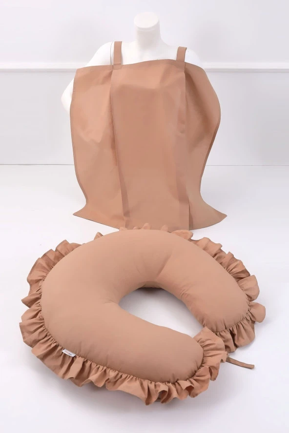 Umaybebek Emzirme Yastığı, Emzirme Önlüğü Set - Pamuklu Kumaş - Kahve Fırfırlı-