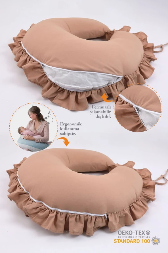 Umaybebek Emzirme Yastığı, Emzirme Önlüğü Set - Pamuklu Kumaş - Kahve Fırfırlı- - 2