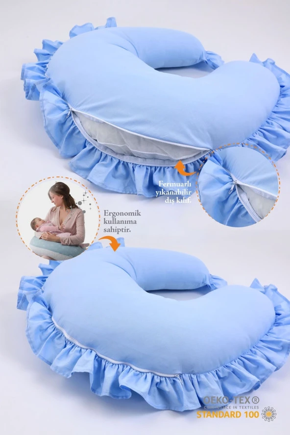 Umaybebek Emzirme Yastığı, Emzirme Önlüğü Set - Pamuklu Kumaş - Mavi Fırfırlı- - 2