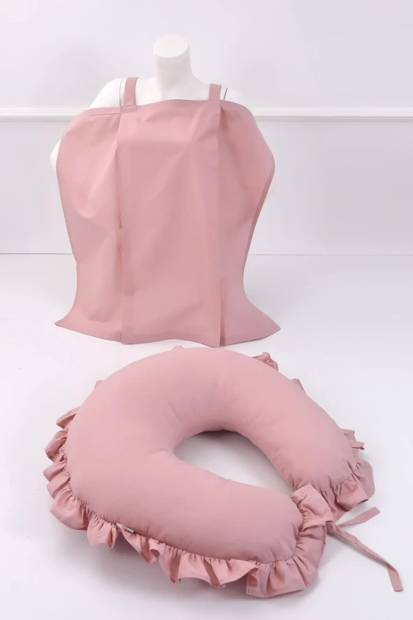 Umaybebek Emzirme Yastığı, Emzirme Önlüğü Set - Pamuklu Kumaş - Pudra Fırfırlı-