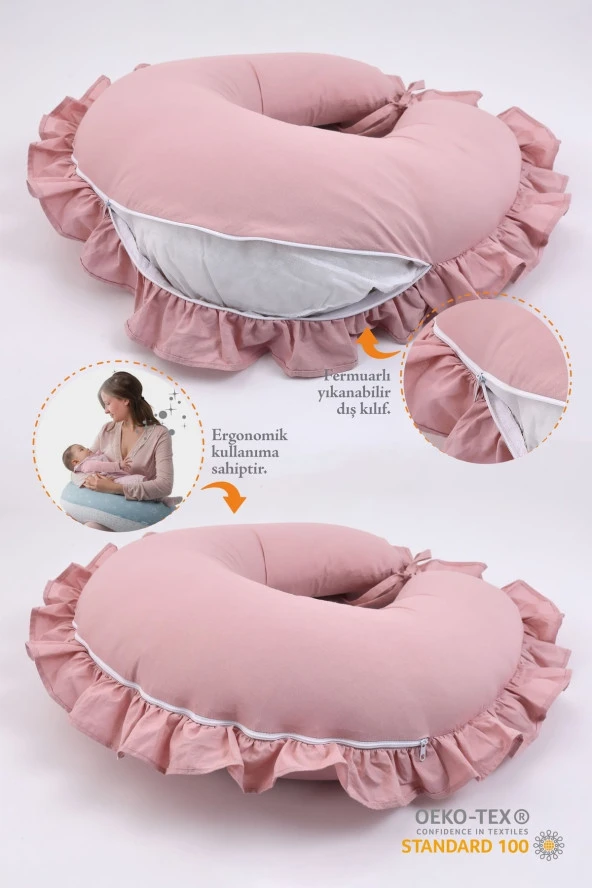Umaybebek Emzirme Yastığı, Emzirme Önlüğü Set - Pamuklu Kumaş - Pudra Fırfırlı- - 2