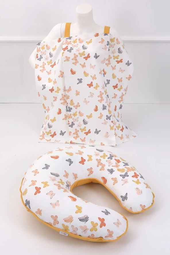 Umaybebek Emzirme Yastığı, Emzirme Önlüğü Set - Pamuklu Kumaş - Hardal Kelebek-