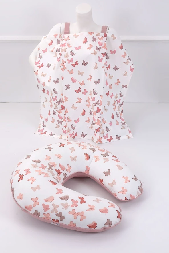 Umaybebek Emzirme Yastığı, Emzirme Önlüğü Set - Pamuklu Kumaş - Pudra Kelebek-