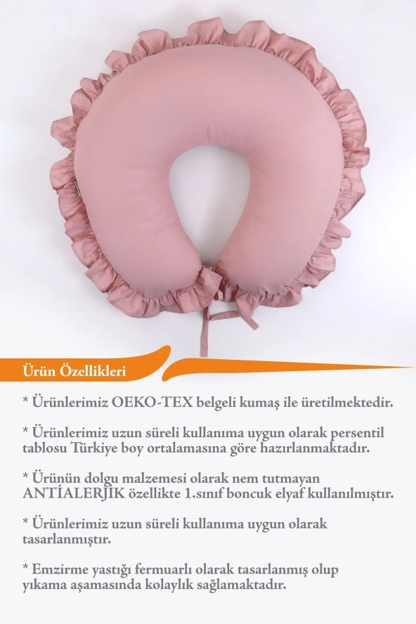 Umaybebek Emzirme Yastığı, Emzirme Önlüğü Set - Pamuklu Kumaş - Pudra Fırfırlı- - 3