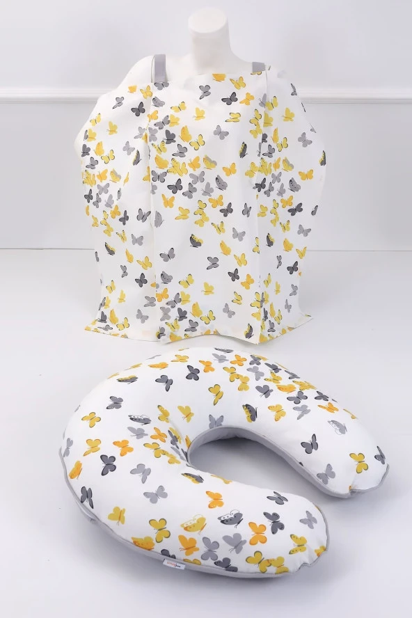 Umaybebek Emzirme Yastığı, Emzirme Önlüğü Set - Pamuklu Kumaş - Sarı Gri Kelebek-