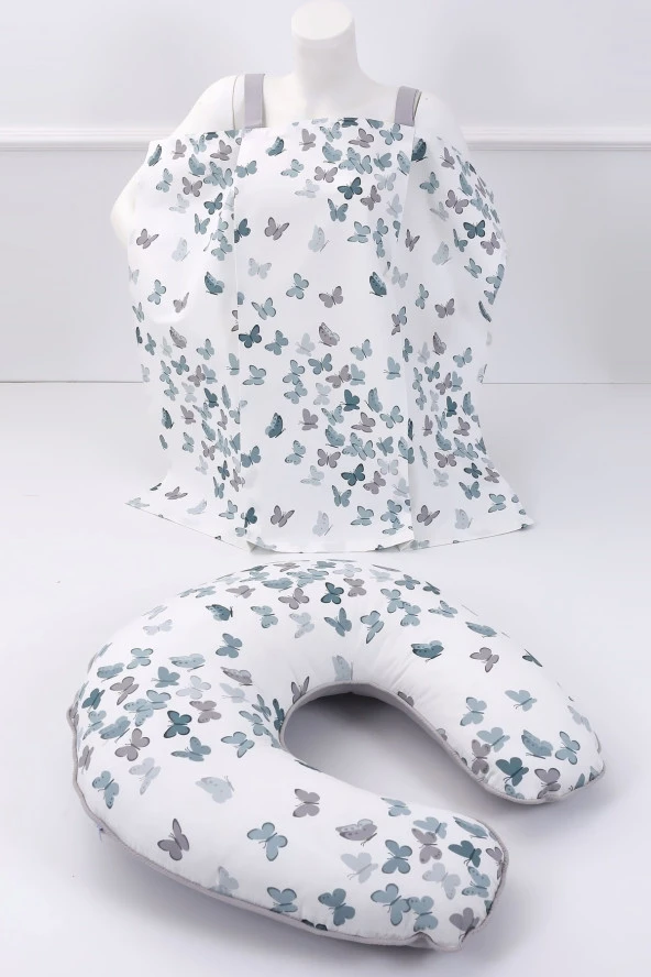 Umaybebek Emzirme Yastığı  Emzirme Önlüğü Set Pamuklu Kumaş Yeşil Kelebek-