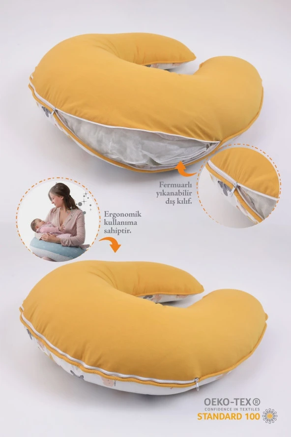 Umaybebek Emzirme Yastığı, Emzirme Önlüğü Set - Pamuklu Kumaş - Hardal Kelebek- - 2