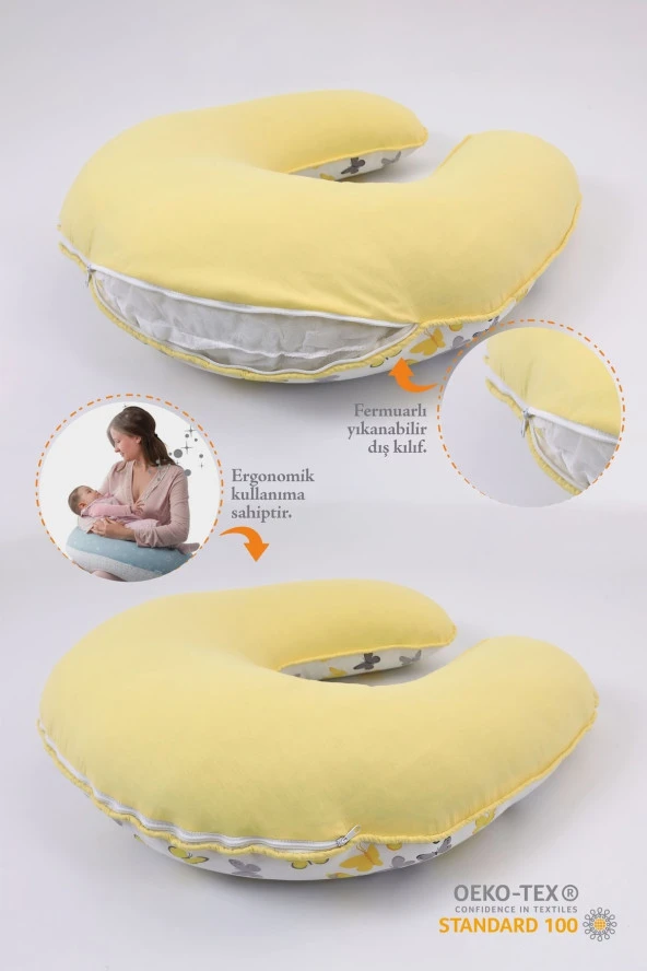 Umaybebek Emzirme Yastığı Emzirme Önlüğü Set - Pamuklu Kumaş - Sarı Kelebek- - Resim 2