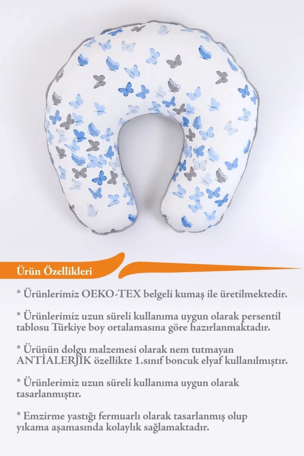 Umaybebek Emzirme Yastığı, Emzirme Önlüğü Set - Pamuklu Kumaş - Mavi Kelebek- - 3